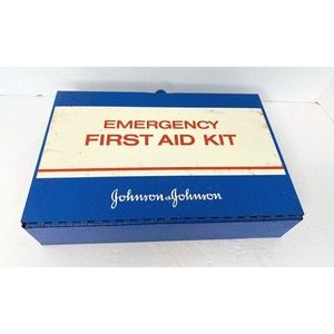 Vintage 70’s Johnson And Johnson Emergency First Aid Kit Metal Wall Mount Box